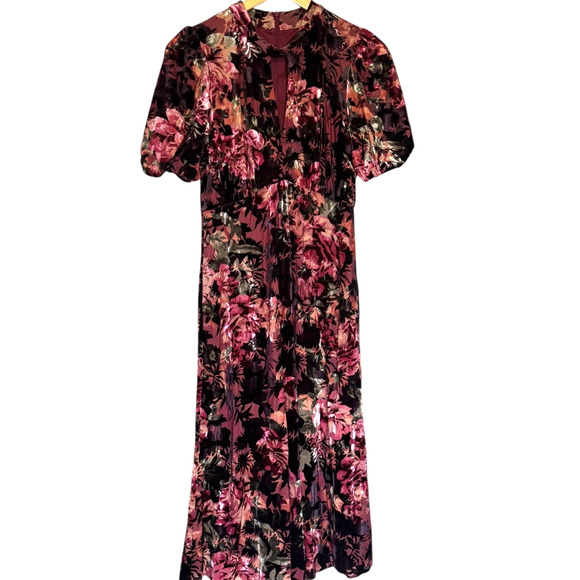 Maggy London Dress Womens Size 4 Velvet Burnout Floral Midi Short Sleeve Keyhole - Picture 1 of 16